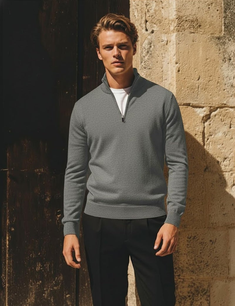 H2H Men's Quarter-Zip Pullover Casual Slim Fit Mock Neck Polo Sweaters Gray US XL/Asia 2XL (KMOSWL021) - Image 3